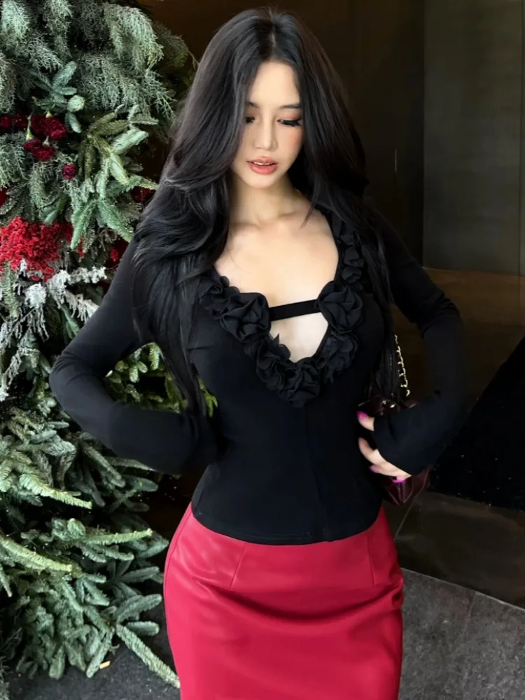 

Pure Desire Sexy Deep V Neck Splice Flower Long Sleeve Women's Autumn Winter High Waist Bodycon Leather Short Skirt Set
