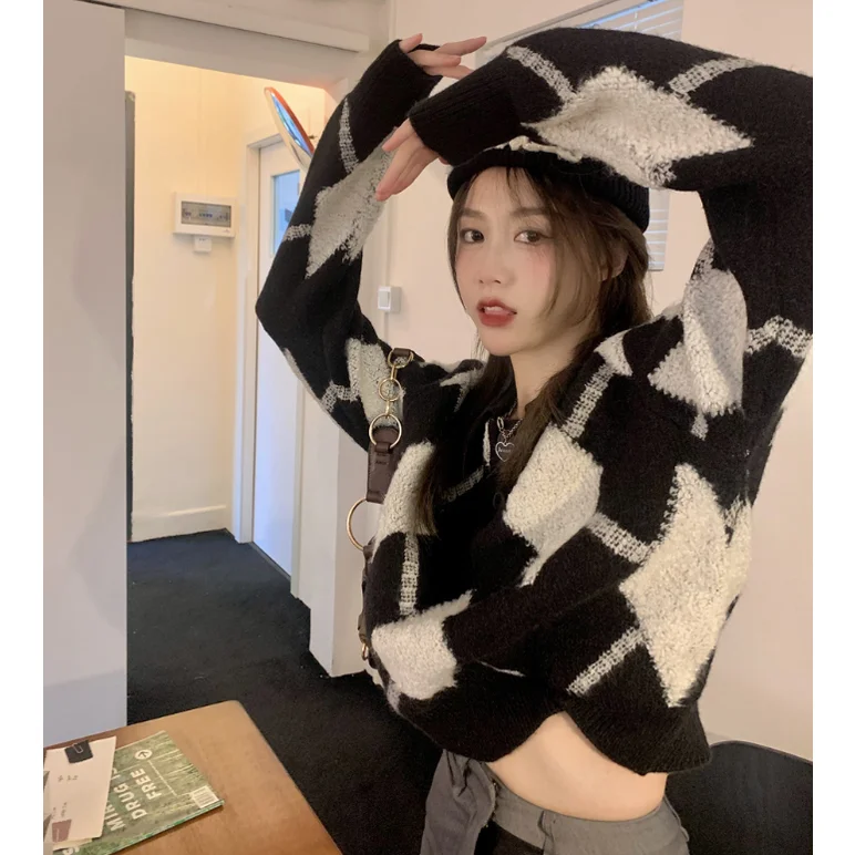 

Chic ato Patterned Sweater Women's Collared Two Button Color Blo Knitwear Autumn Faion Acrylic Triacetate Fiber