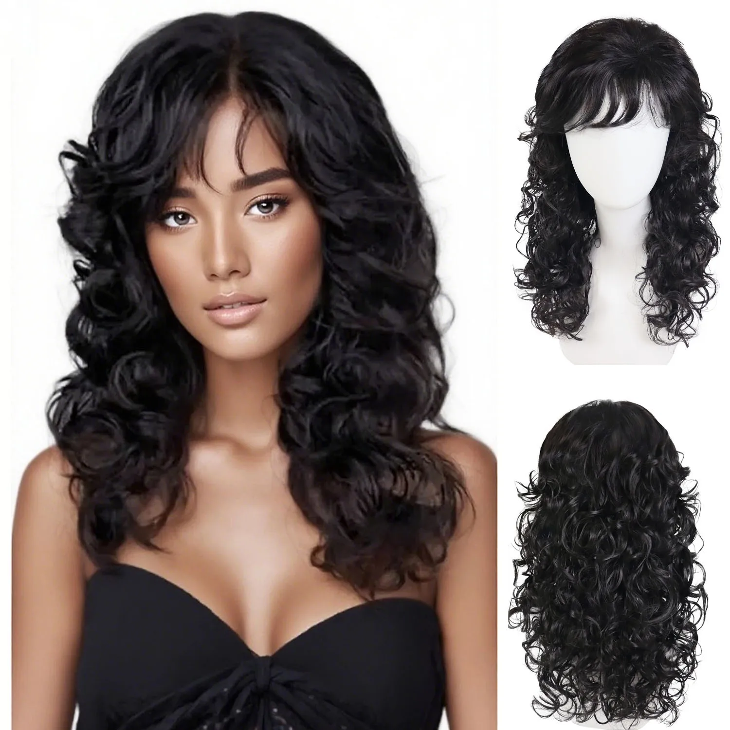 

Синтетические волосы, пушистые винтажные парики для чернокожих женщин, 22-дюймовый длинный вьющийся волнистый парик с челкой, повседневный костюм, парик для мамы, термостойкий