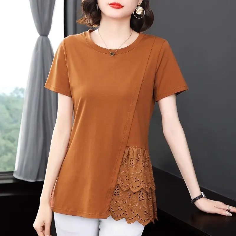 

Summer Women's Fashion Lace Splice Short Sleeve Tee T-shirt Large Medium Long Solid Color Fashion Casual Pullover Vacation Tops