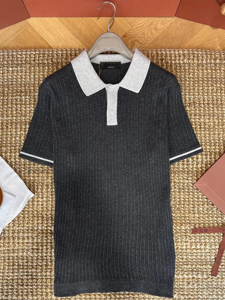 Mens Old Money Style Color Block Collar Cashmere Blend Turn Down Collar Short Sleeve Skin Friendly Vertical Ribbed Polo Shirt