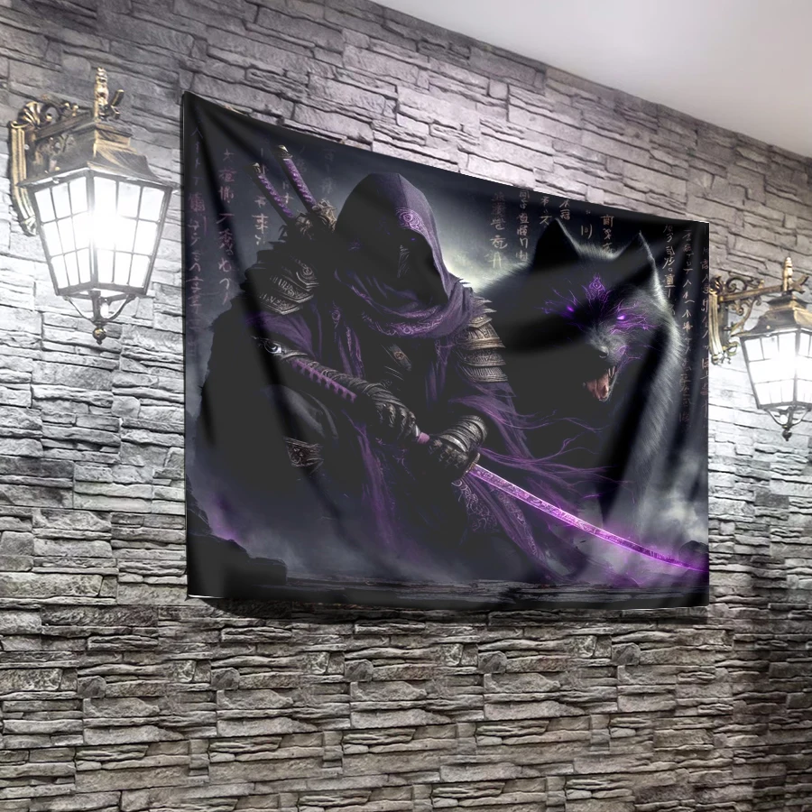 1PC Digital Printed Tapestry Wall Hanging, Purple Ninja Samurai Warrior Wolf, Dark Fantasy Gothic Wall Art Decor