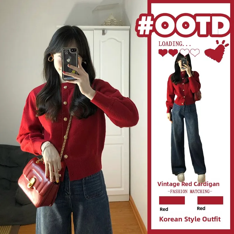 

Красный вязаный свитер, кардиган, пальто, ленивый Sle, осенне-зимняя одежда, год кролика, китайский Новый год, специальная одежда