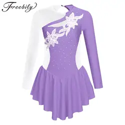 Vestido de Ballet para niñas, vestido de patinaje artístico de manga larga con diamantes de imitación brillantes, Leotardos de gimnasia, ropa de patinaje sobre hielo para niñas