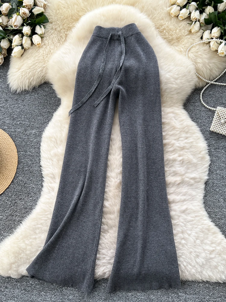 Cozy Knitted High Waist Wide Leg Casual Pants Women's Soft Plump Elastic Waist Floor-Length Trousers Autumn Winter Faion