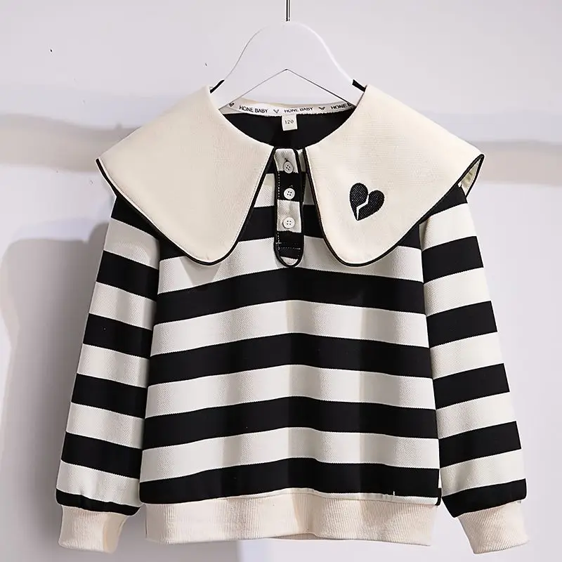 

2023 Autumn and Winter Girls Pullover Doll Neck Patchwork Button Striped Loose Bottom Fashion Casual Elegant Long Sleeve Tops