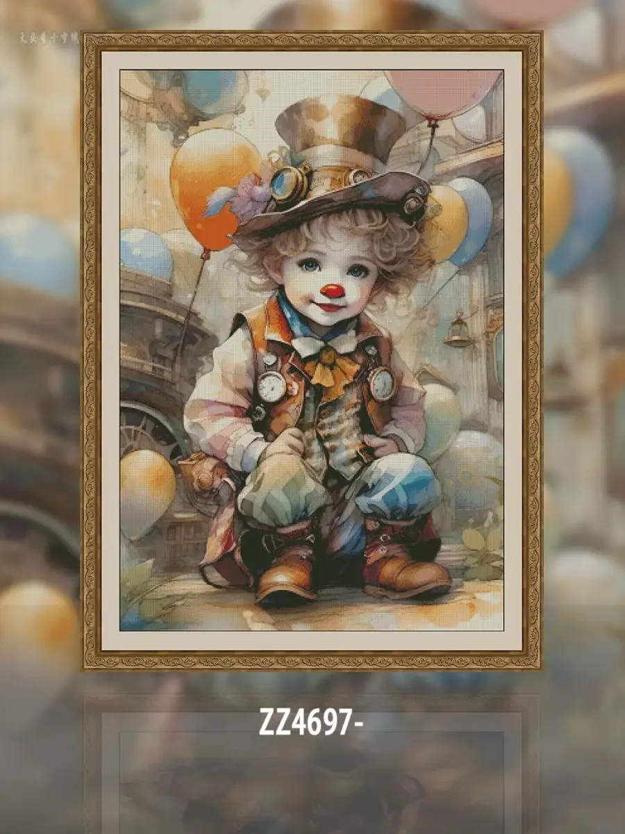 [ZZ4697-Children s Fun Clown] Beginner DIY Stamped Cross Stitch Kit 11CT 14CT 16CT, Pre-Printed Canvas Cotton Thread, Home Decor