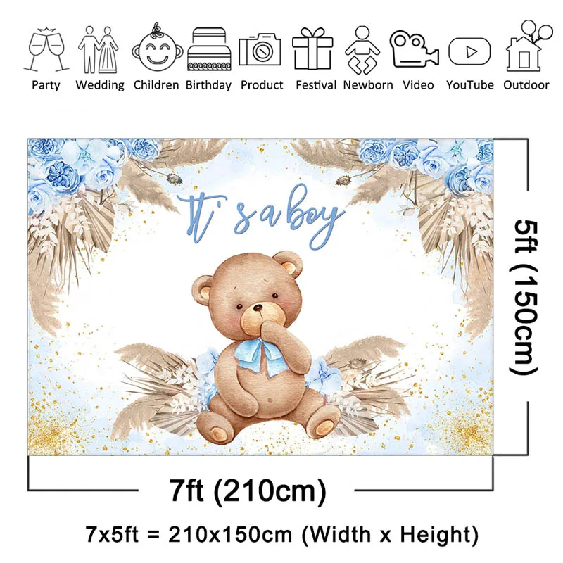 Mocsicka Baby Shower Backdrop Its A Boy Party Decorations Blue Floral Toy Bears Photography Background Photoshoot Studio Props