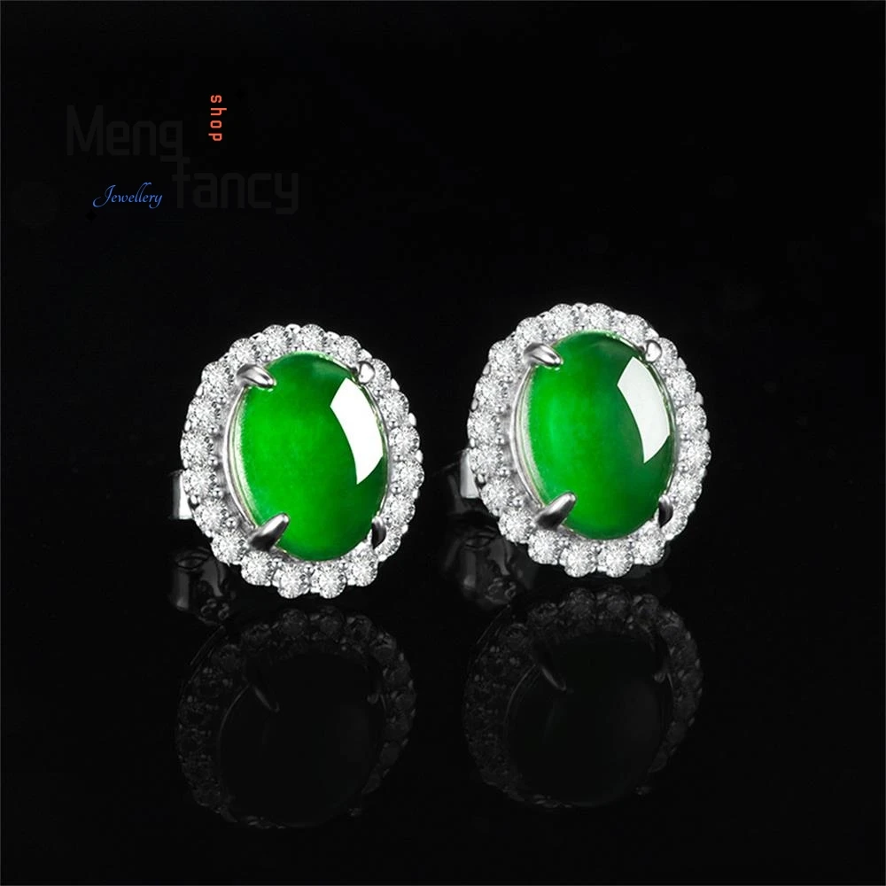 High-grade Natural A-goods Jade Oval Egg Surface Sunny Green Earrings Icy Jade Fashion S925 Silver Inlaid Luxury Quality Jewelry