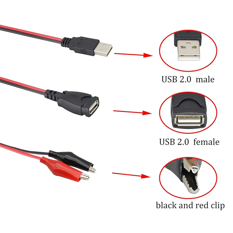 التمساح اختبار كليب المشبك إلى USB الذكور والإناث المقبس موصلات اختبار موصل موائم مصدر تيار سلك 50 سنتيمتر كابل أحمر أسود