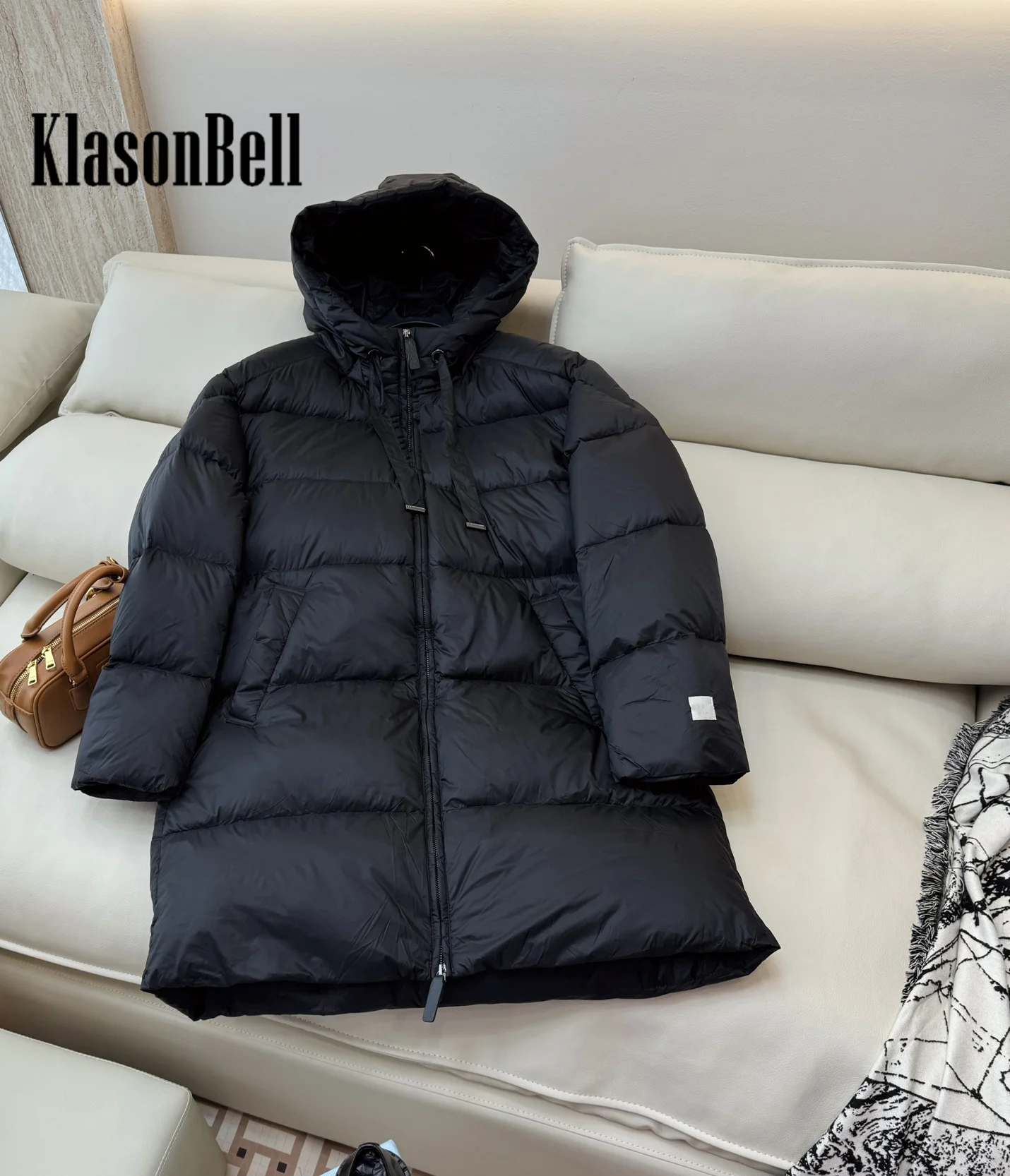 8.28 KlasonBell-Women Classic Hooded Lace-up Down Jacket Mid-Length Solid Whiter Goose Down Keep Warm Down Zipper Outerwear