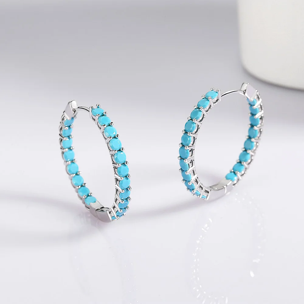 Solid Silver 30MM Hoop Earring Pave 3mm Turquoise Natural Stone 925 Sterling Silver Circle Round Earrings Fine Jewelry