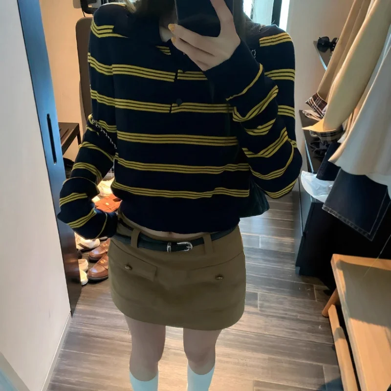 

Корейский стильный полосатый вязаный свитер-поло для женщин, осенний дизайн, уникальный, стройнящий, нежный, свободный, повседневный, укороченный топ