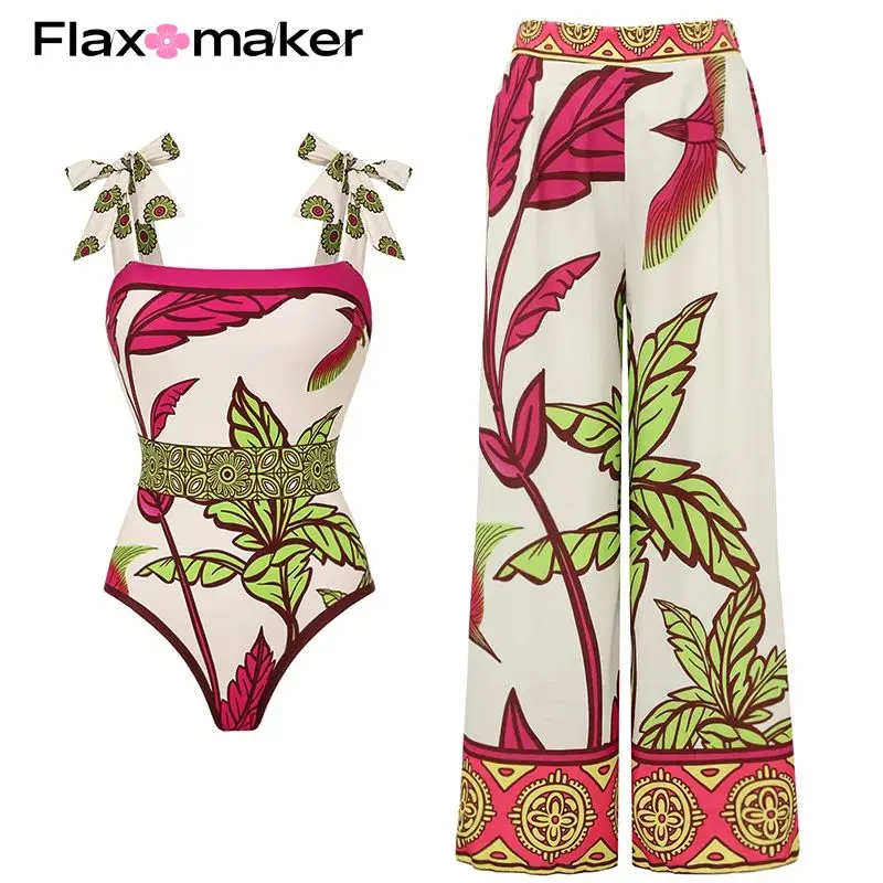 

FLAXMAKER Bow-tie Printed One Piece Swimsuit and Pants Women Swimwear Push Up Bathing Suit Monokini