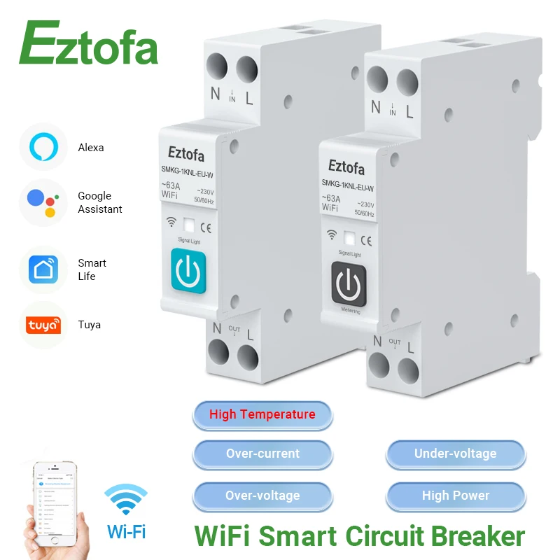 Eztofa TUYA 63A 1P+N  WIFI Smart Circuit Breaker With Metering Smart Home Wireless Remote Control Smart Life Alexa Google Home