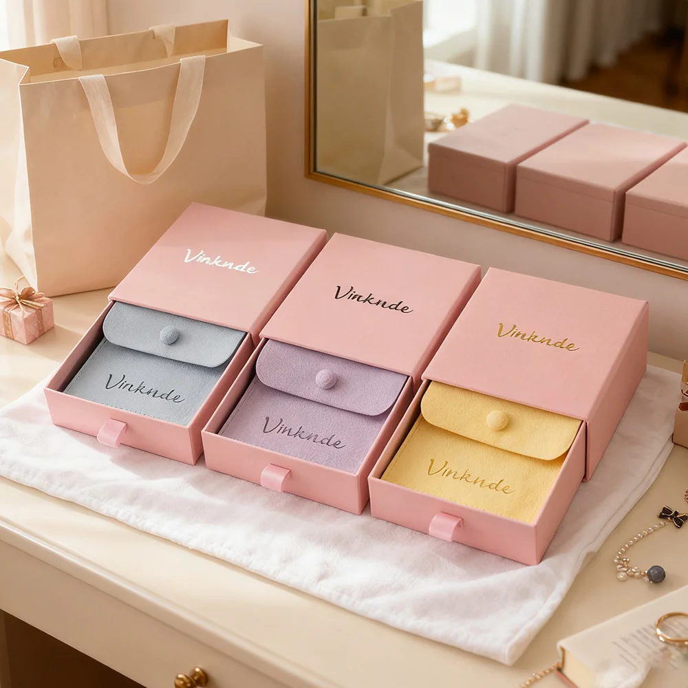 شعار مخصص تغليف المجوهرات صندوق درج من الورق المقوى المطبوع مع كيس مزموم من الألياف الدقيقة لتقوم بها بنفسك صناديق تنظيم انزلاق المجوهرات #1