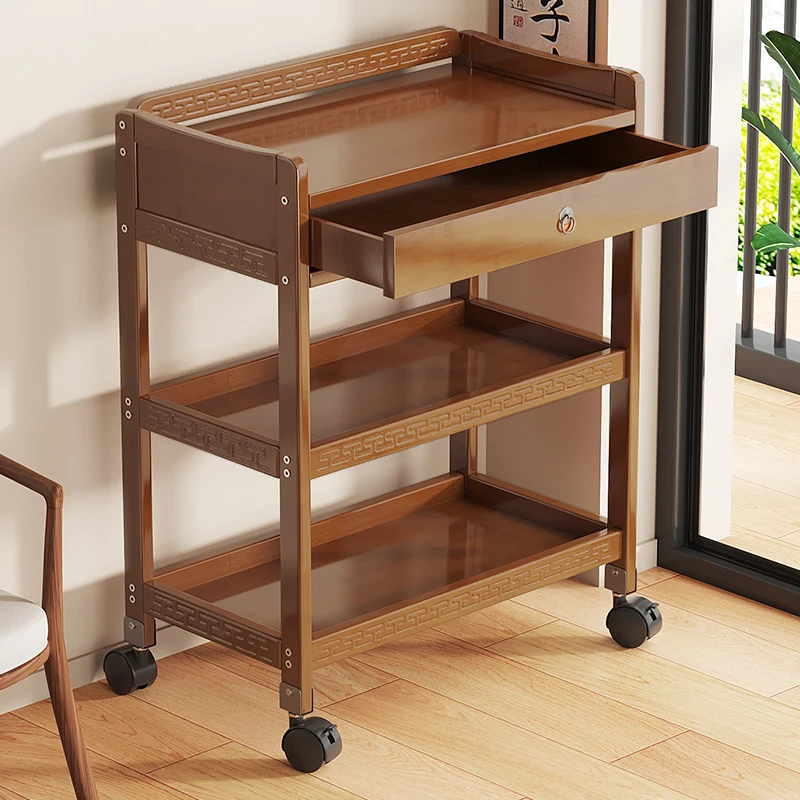 

Solid wood rack, living room floor-to-ceiling movable cart, tea table, kitchen, multi-layer simple crack storage cabinet