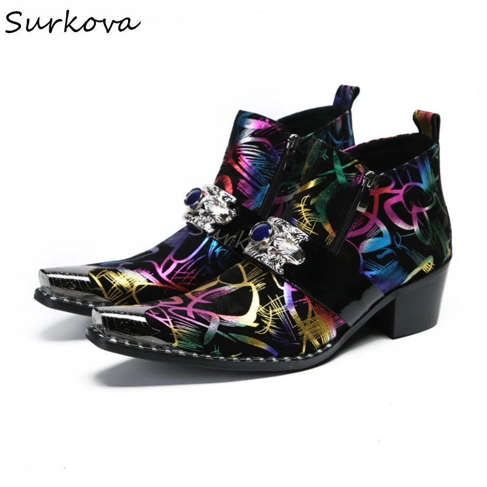 

Handmade Printed Chelsea Boots Men/women Blue Gemstone Metal Pointed Toe Chunky Heel Ankle Boots 2025 New Fashion Design Boots