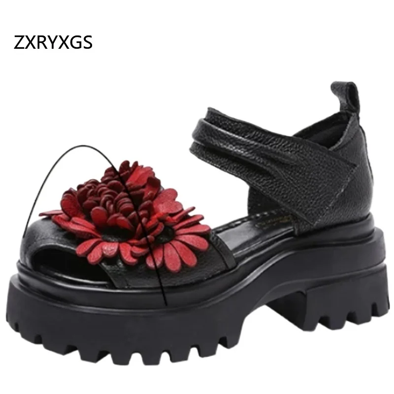 

ZXRYXGS 2026 New Summer First Layer Cowhide Spell Color Flowers Shoes Fashion Sandals Platform Non-slip Women Heighten Sandals