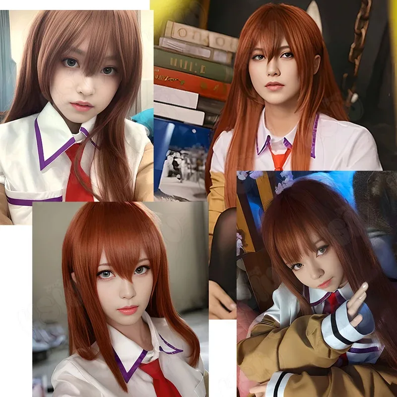 Makise Kurisu 코스프레 가발 게임 Steins;Gate 코스프레 가발 HSIU 90Cm 오렌지 브라운 긴 머리 합성 가발 + 가발 모자