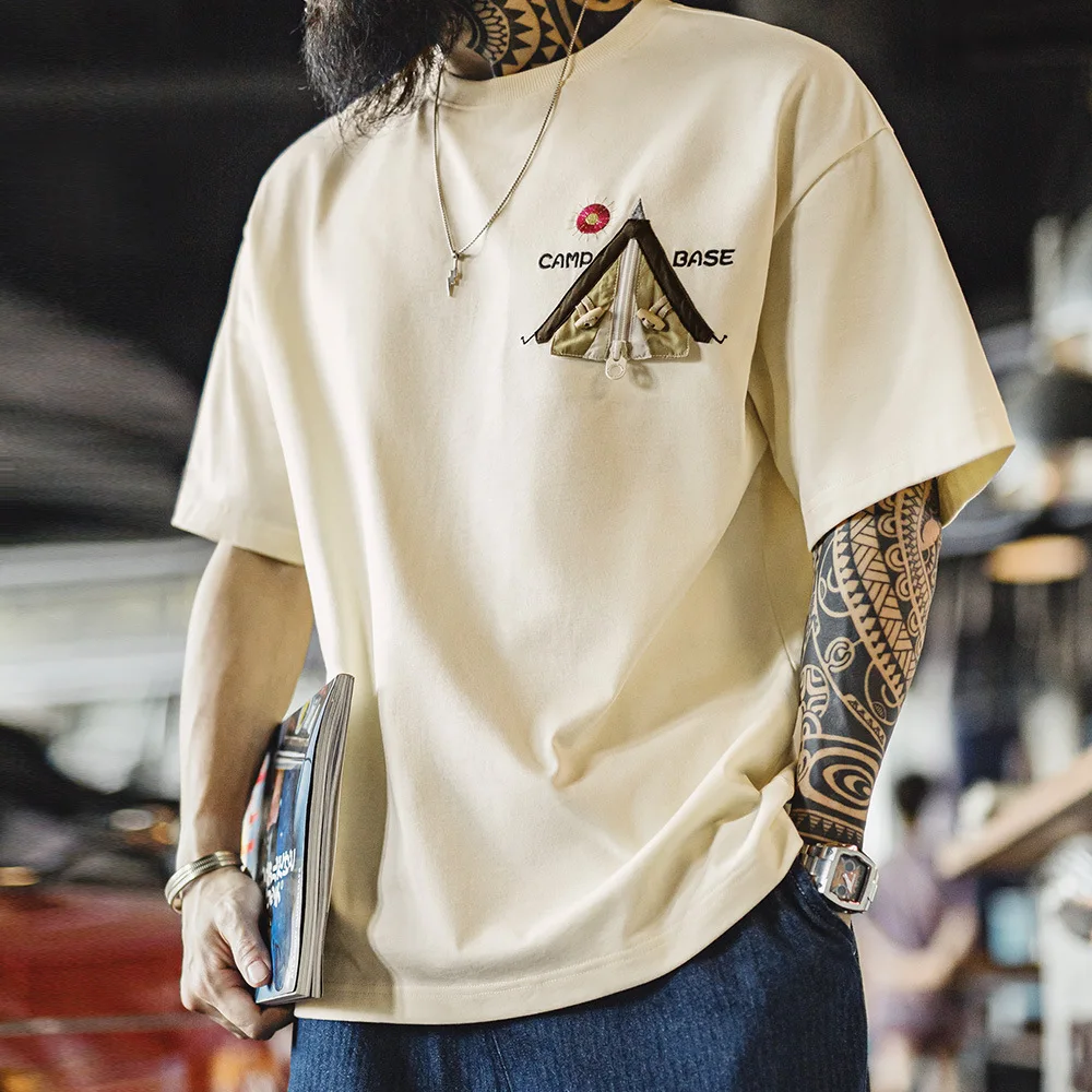 

Мужская футболка Maden Workwear American Style с креативной вышивкой, из чистого хлопка, плотная, с коротким рукавом и ребристым воротником