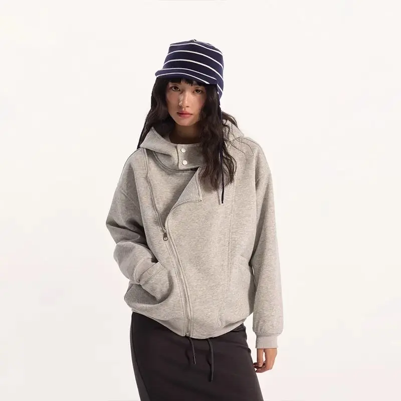 

Американский ретро-худи в стиле High Street с двойной молнией, асимметричный, весенне-осенний, плотный, с капюшоном, кардиган-куртка