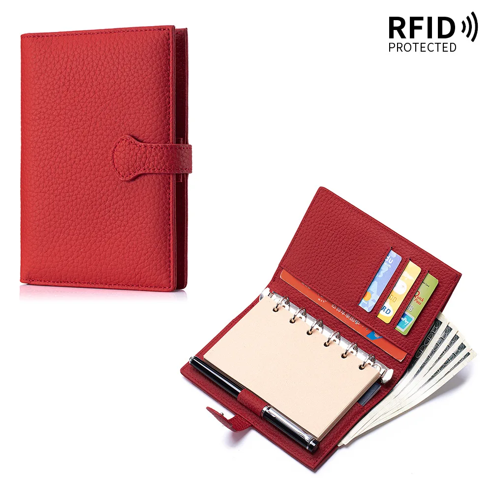 Women Notebook Passport Holders with Loose-leaf Genuine Leather Long Wallet Travel Organizer 6-Ring Notebook Cowhide RFID Wallet