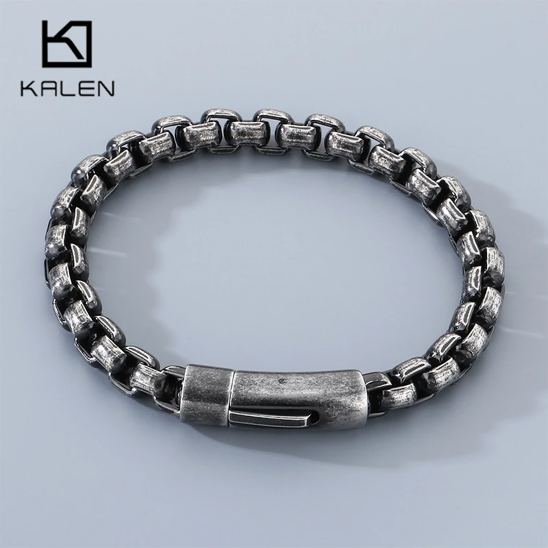 KALEN Vintage Schwarzes Edelstahl-Kastenkettenarmband für Herren, Punk-Stil, 8mm Quadratischer Verschluss, Wasserfestes Trendiges Schmuckgeschenk