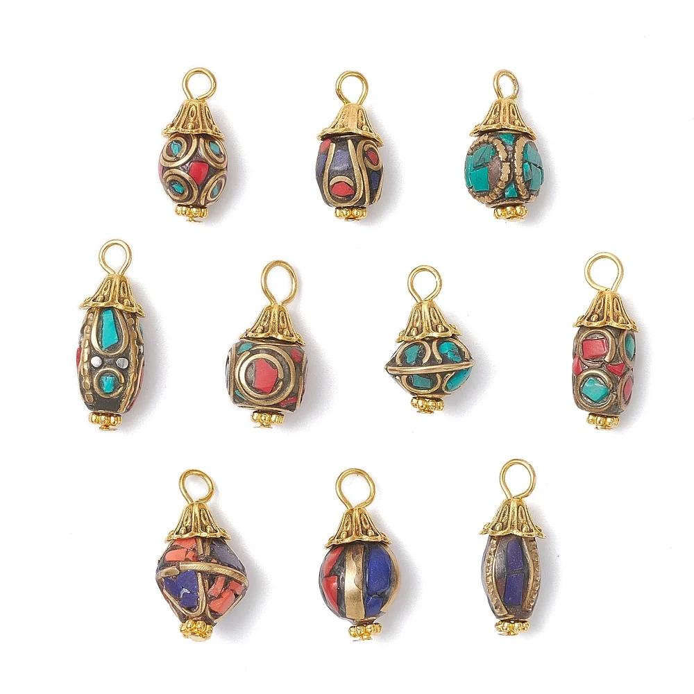 KitBeads 5pcs Indonesia Style Beaded Charms Multicolor Inlaid Turquoise Coral Pendants Jewelry Decor for Bracelet Necklace