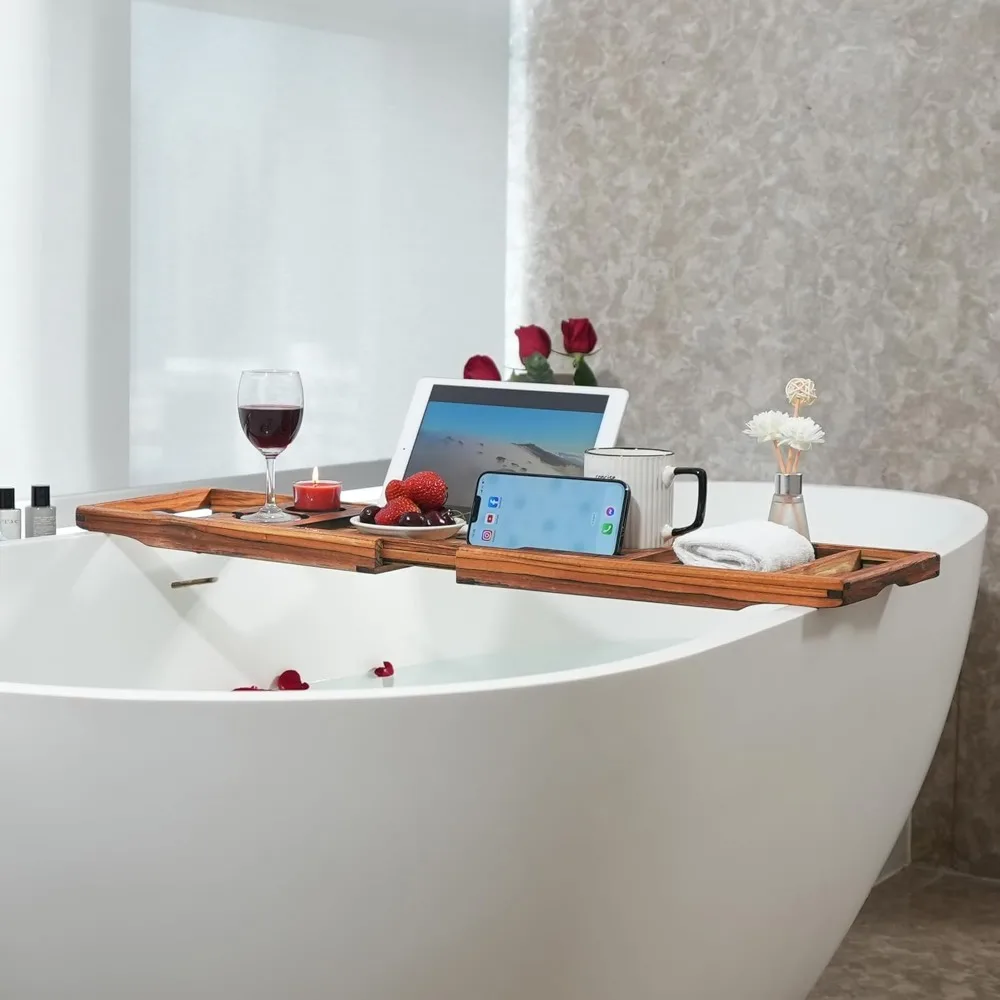 Paquete de bandeja para bañera de teca premium con soporte plegable, ranura para copa de vino y diseño antideslizante para una experiencia de baño de lujo