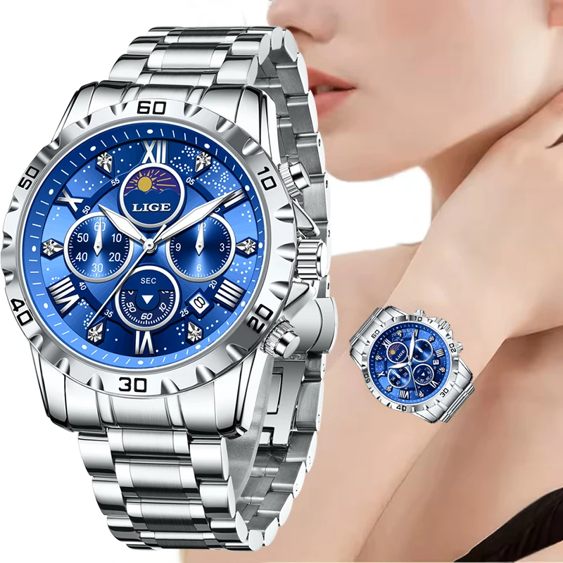 

LIGE модные круглые серебряные женские светящиеся часы из нержавеющей стали лучший бренд класса люкс с хронографом фазы Луны наручные часы для женщин