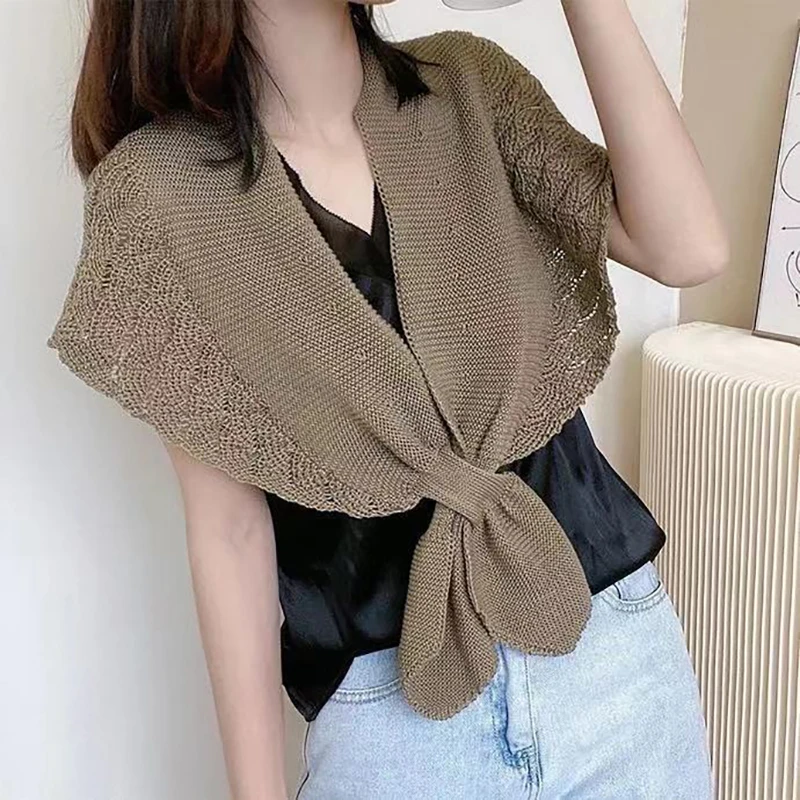 Women Knitted Shawl Scarf Winter Warmer Solid Color Blouse Cover Shoulder Korean Cape Fake Collars Knotted Scarf Thick Muffler