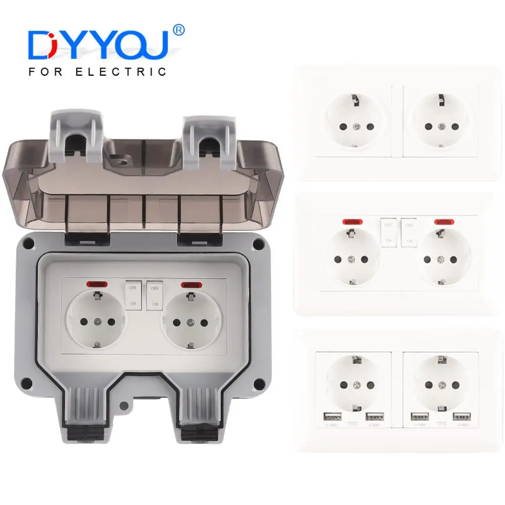 

IP66 Germany Standard Outlet Waterproof Outdoor Sockets And Switch Wall European Eu Bathroom Double Power With USB Charging port