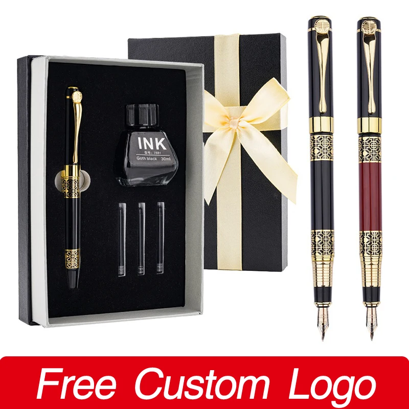 Retro Metal Fountain Pen Replaceable Ink Box Packing Custom Personalized Engraving Pen Gift Office School Writing Stationery