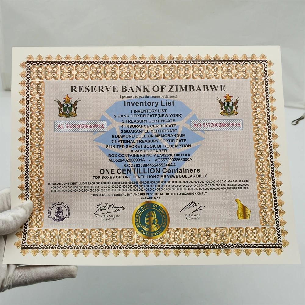 Latest Zimbabwe ONE Centillion Containers Banknote Certificate with Serial Number UV Anti-counterfeiting Paper Money Gifts