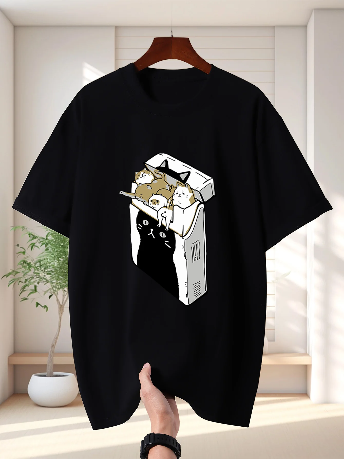 Men T Shirt Cartoon Kittens Inside Box Graphic Tee Cute Pet Cat Print Short Sleeve O Neck Loose Casual Tops Summer Streetwear
