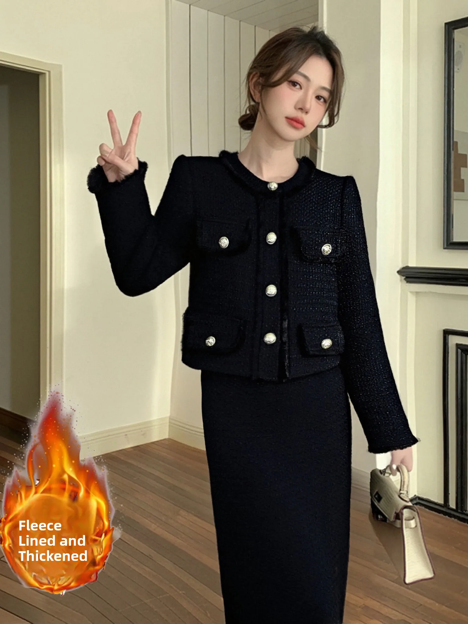 

Thiened Cotton Winter Faion Set Women's Mid-Length Korean Drama Sle DM096A Ensemble Polyester Fiber Long Sve round ...