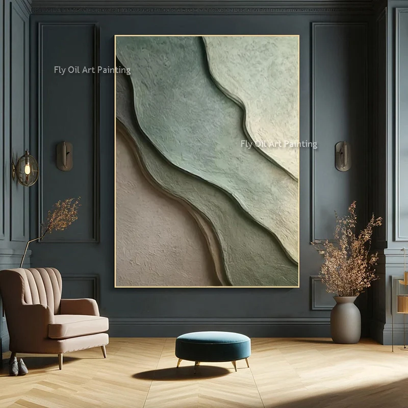 New Popular Light Green Brown Abstract Oil Painting Original Design Handmade Black Beige Simple Home Wall Art Decor Items As Gif