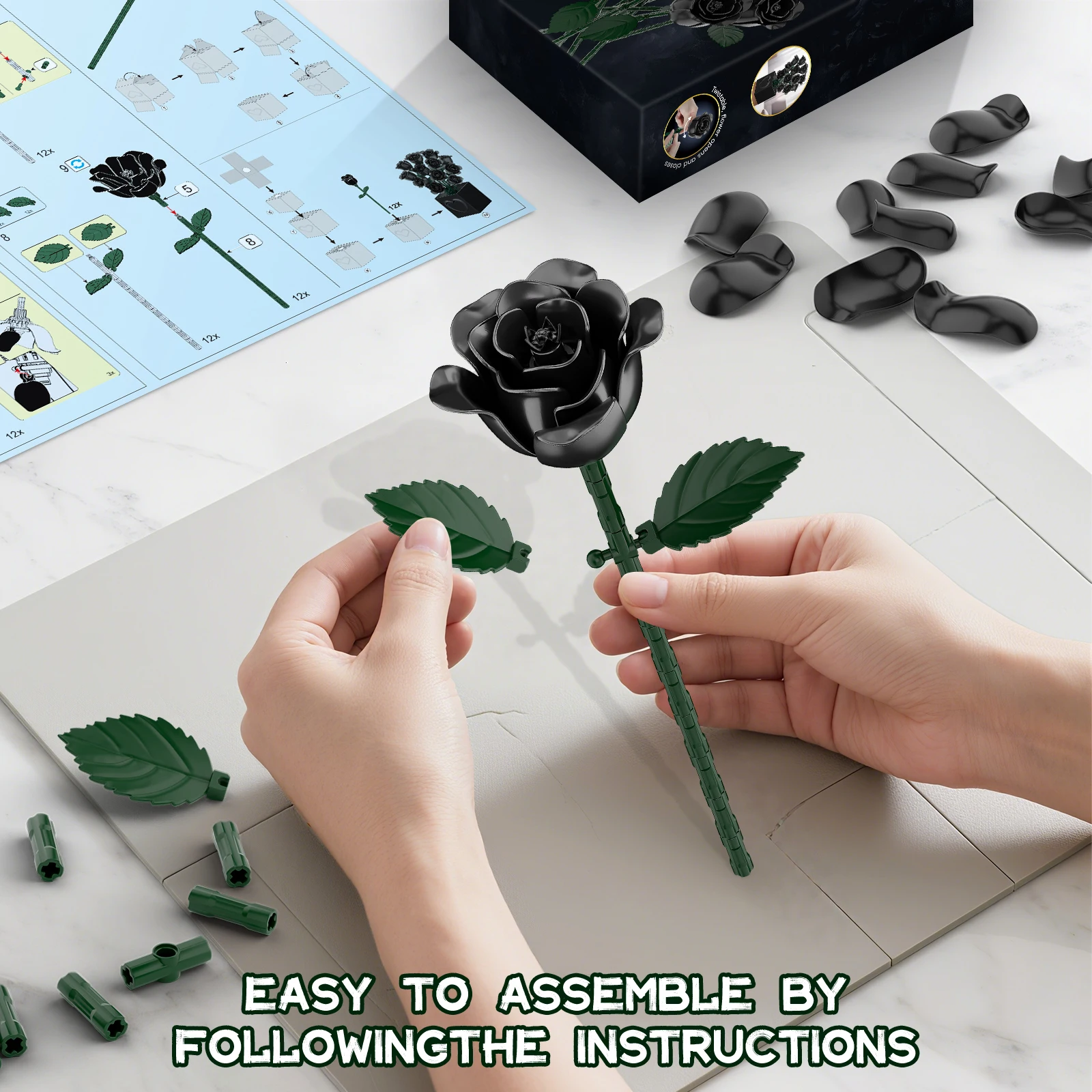 ชุดตัวต่อบล็อกช่อดอกกุหลาบดำ 12 ชิ้น |   ดีไซน์โดดเด่น หรูหรา สไตล์โกธิค |   ของตกแต่งบ้านสไตล์โกธิคและดอกไม้ประดิษฐ์