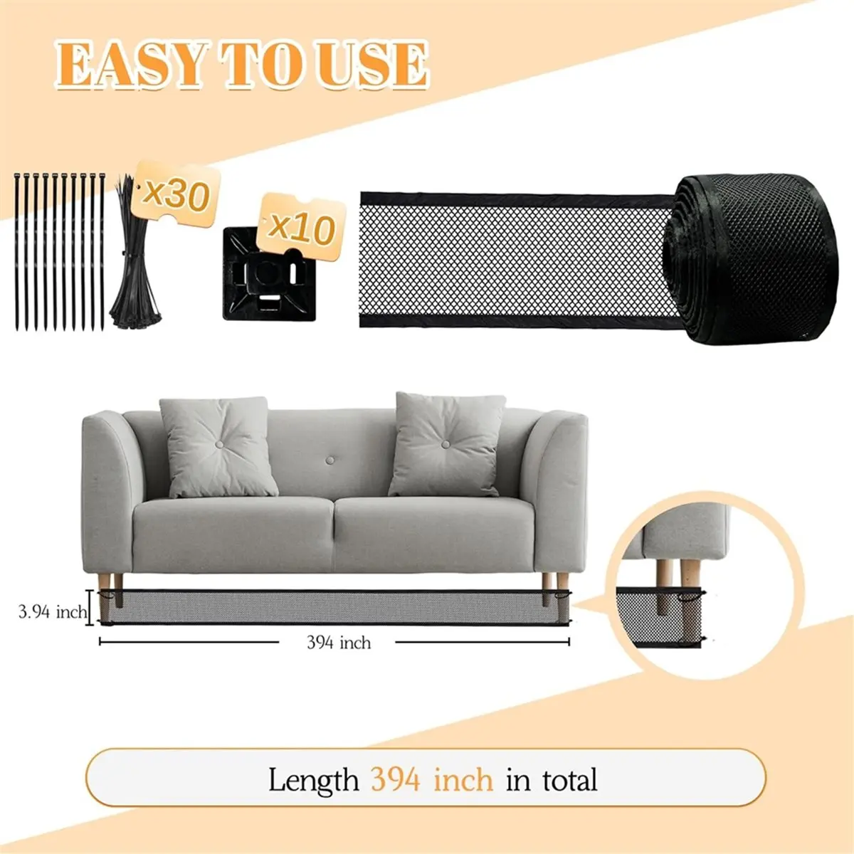 

Блокировщик под диваном, Блокитор под мебелью 4 x 394 дюйма с 30 кабельными стяжками, Блокаторы для диванов для игрушек для домашних животных Легко устанавливается