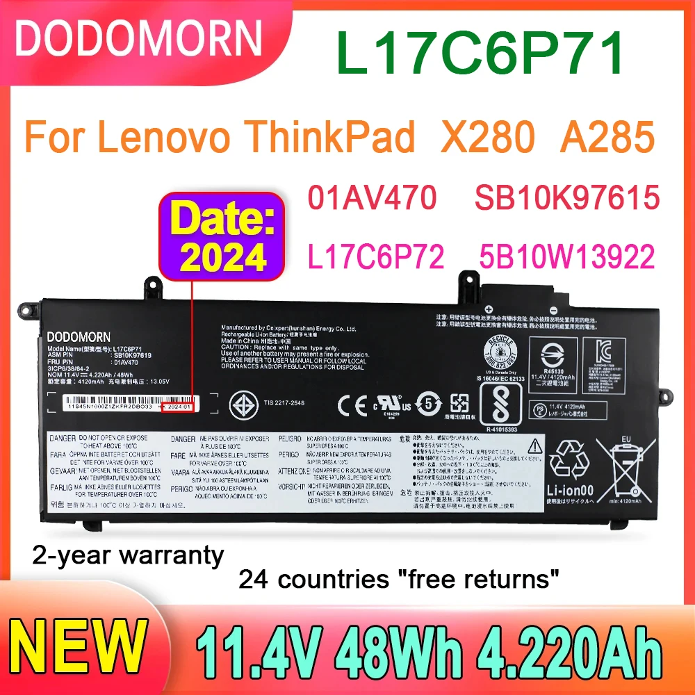 

DODOMORN L17C6P71 Laptop Battery For Lenovo ThinkPad X280 A285 Replace parts 01AV470 01AV484 5B10W13922 L17M6P71 SB10K97615 48Wh