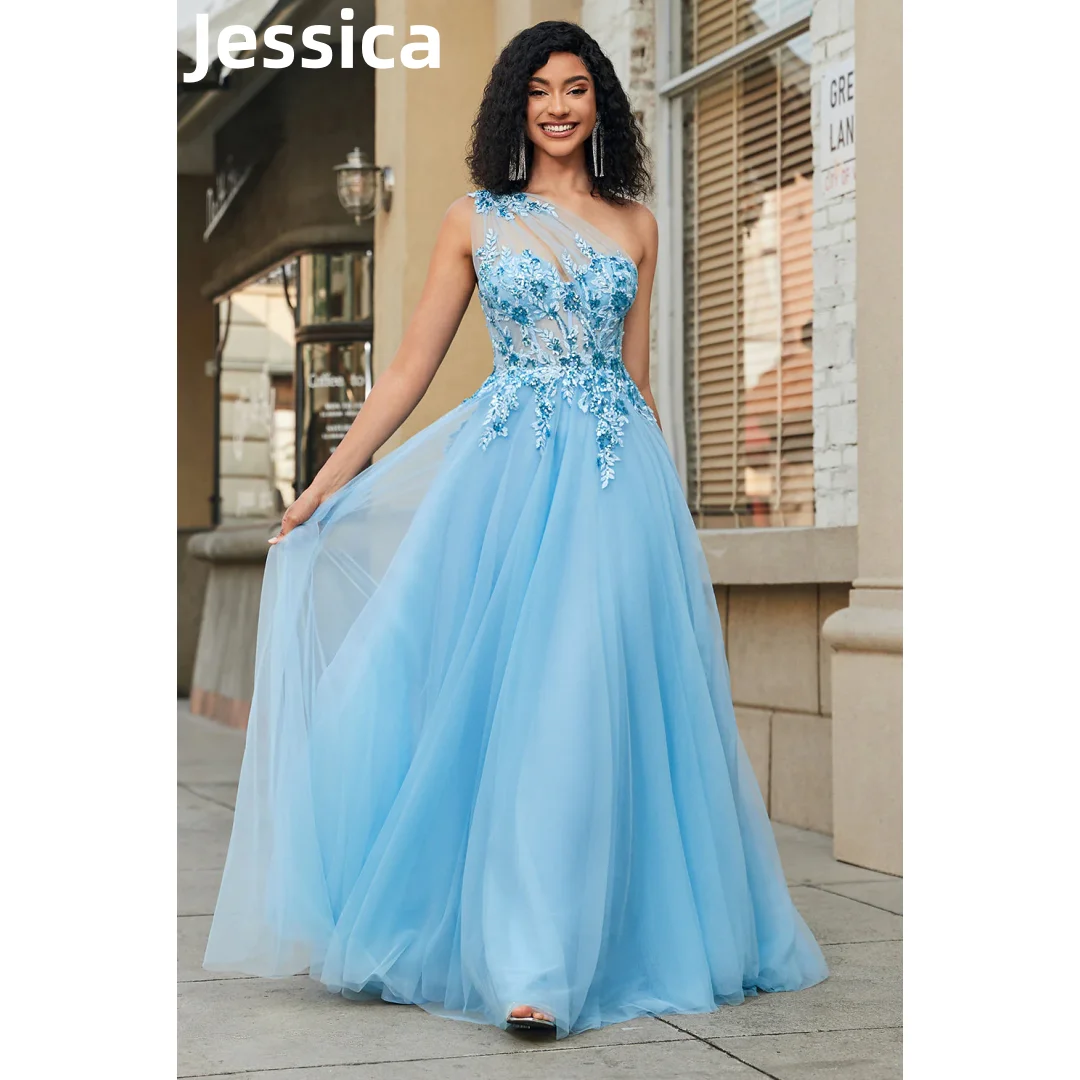 

Jessica Light Blue Prom Dresses Lace Embroidery Evening Dresses A-line Tulle Graduate Party Dresses Vestidos De Noche2024