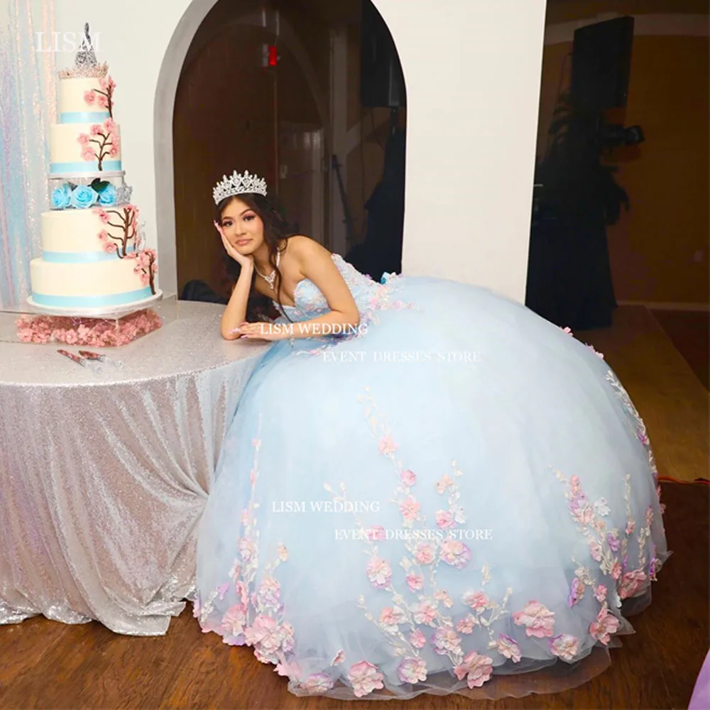 Lism ชุดเดรส15 quinceanera สีฟ้าสวย3D เจ้าหญิงลูกไม้ applique sweetheart Tulle ชุดงานวันเกิดหลัง