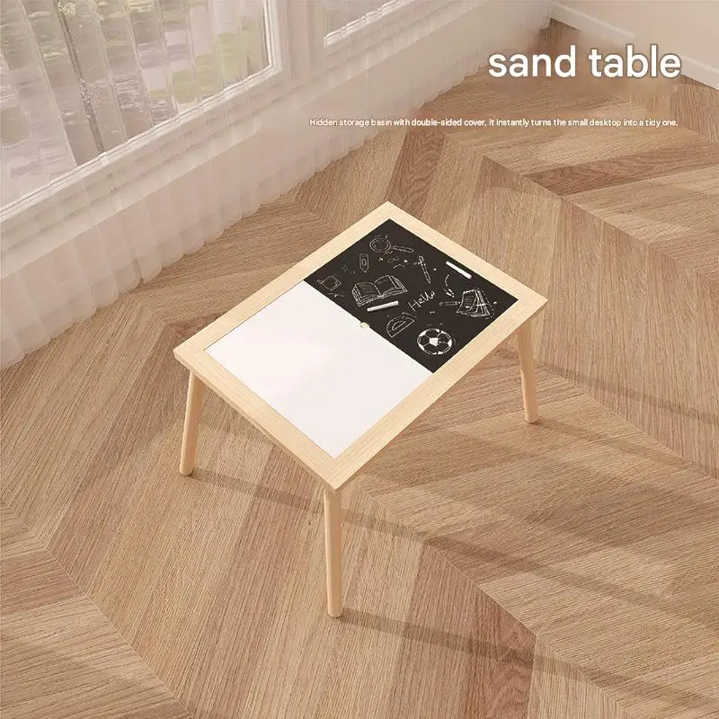 OEM custom wooden activity table with drawing board, sand-water tray, storage space, and children's beach toy set