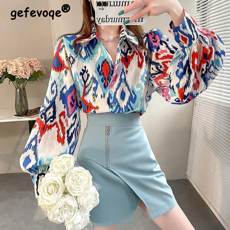 2024 Women\'s Korean Fashion Vintage Print Button Up Shirt Office Lady Elegant Commute Blouse Chic Lantern Long Sleeve Loose Tops