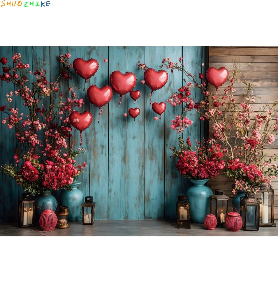 14 فبراير عيد الحب خلفية مشاهد رومانسية الأحمر الحب القلب الأزرق الخشب جدار الأزهار الزفاف التصوير خلفية الدعامة #5