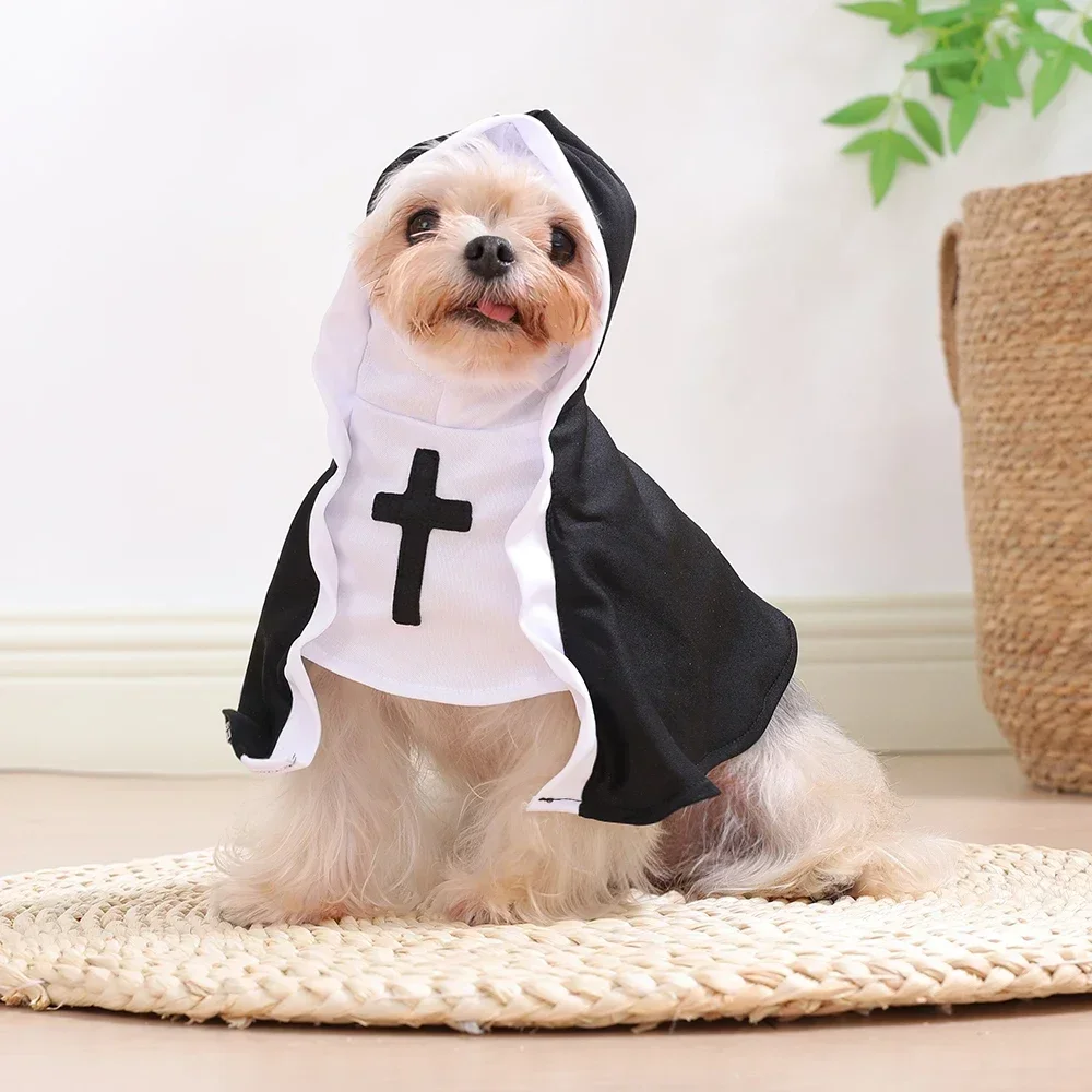 Halloween-Katzen-Nun-Kostüm, Jesus-Kreuz-Muster, Katzenkleidung für kleine Hunde, lustiges, süßes Kostüm für Partys, Overall für Haustiere, Katzenaccessoires. – Detail 9