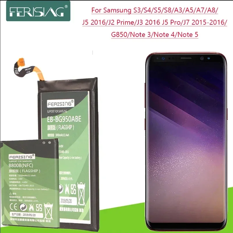 FERISING Battery For Samsung S3 S4 S5 S8 A3 A5 A7 A8 J5 2016 J2 Prime J3 2016 J5 Pro J7 2015 G850 Note3 Note4 Note5 Bateria