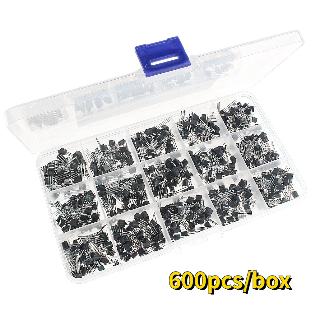 

600pcs Transistor TO-92 2N2222 2N3904 2N3906 2N5401 A1015 C1815 C945 S8050 S9012 S9013 S9014 S9015 15 Values Transistors Kit