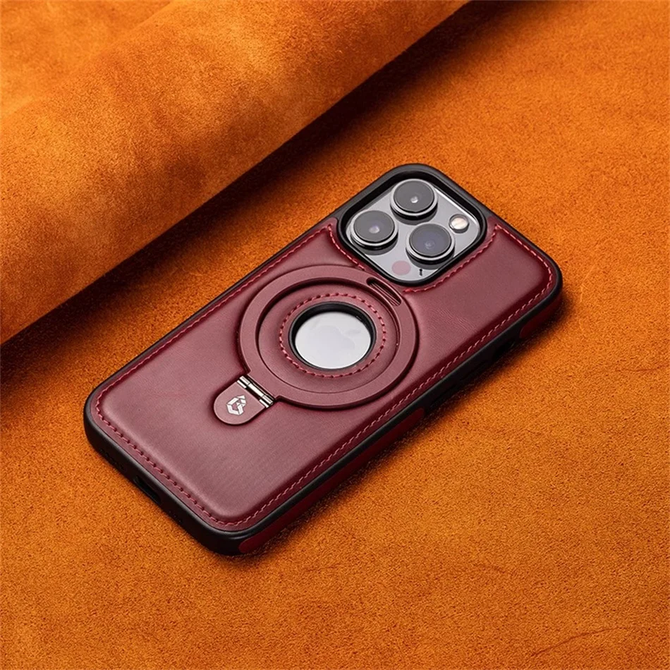 Luksusowe etui skórzane z magnetycznym ukrytym uchwytem pierścieniowym i bezprzewodowym ładowaniem MagSafe do iPhone'a 12 13 14 15 16 17 Pro Max z wydrążoną obudową. — zdjęcie produktu 6